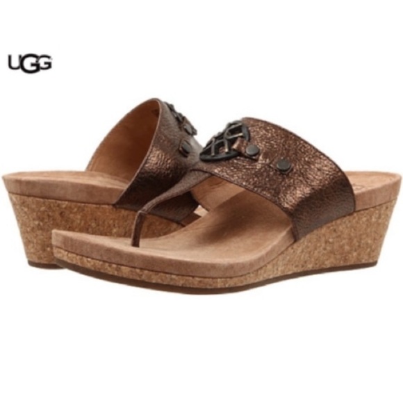 UGG Shoes - UGG Briella Pony Brown Thong Cork Wedge Sandals Women’s 6 Bronze